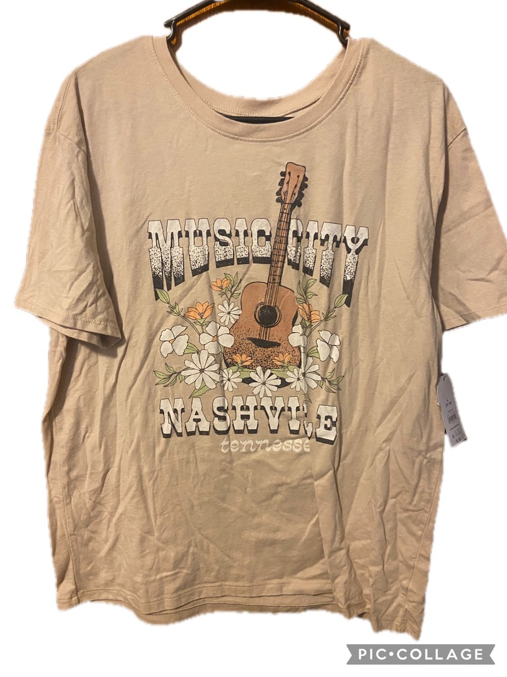 Time and Tru Beige Graphic Tee with Guitar Accent